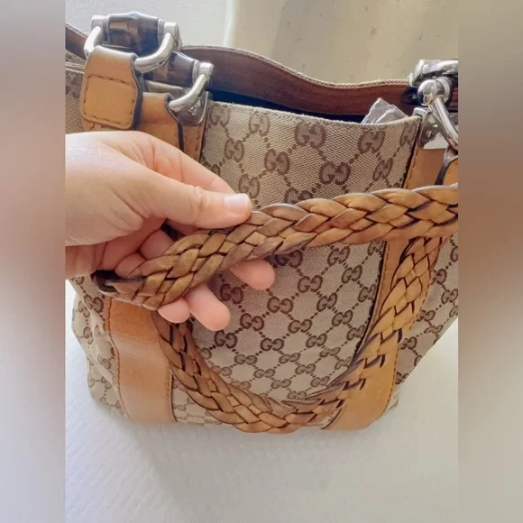 Gucci Bamboo Bar GG Monogram Canvas Shopper Tote Yellow Leather Braided Handles - Picture 6 of 14